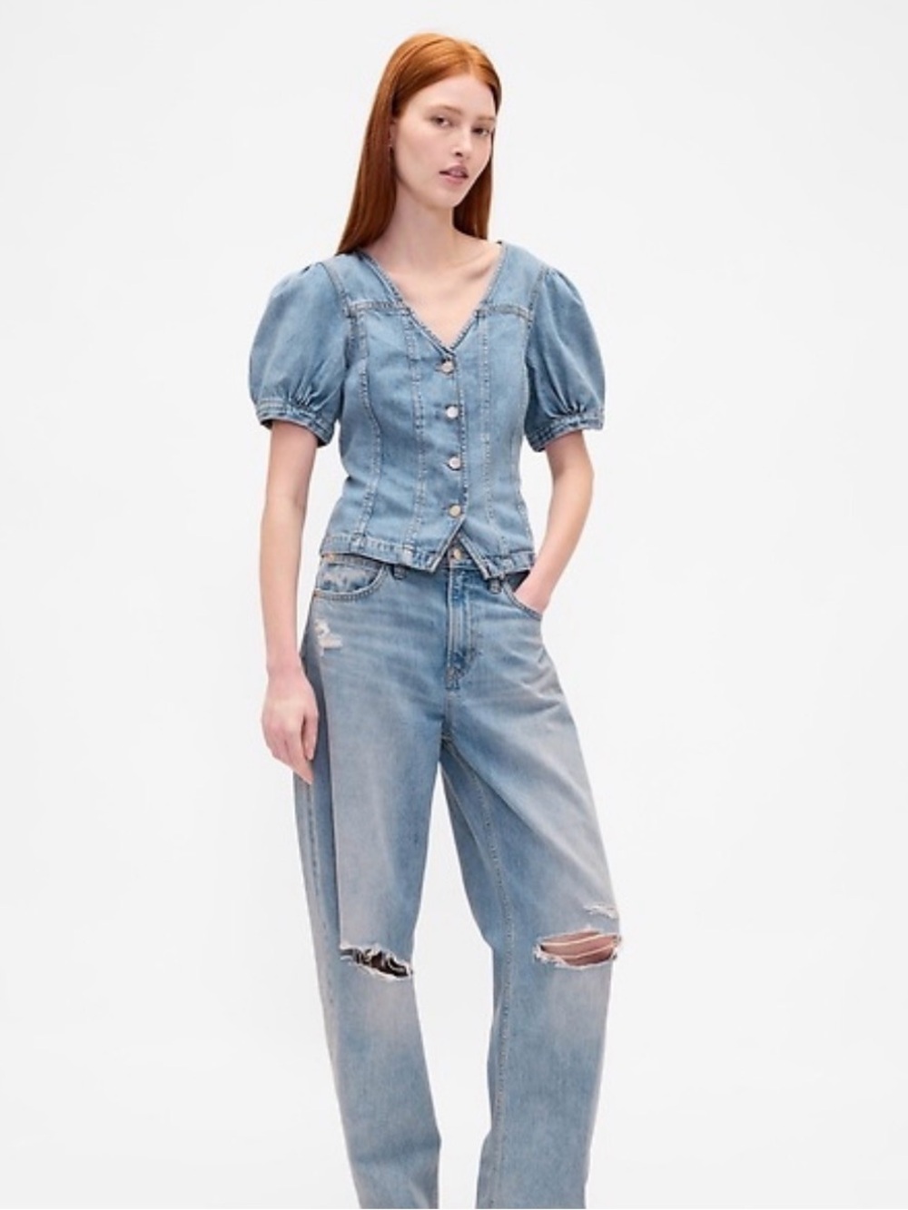 GAP Light Blue Denim Puff Sleeve Button-Front Top - xs